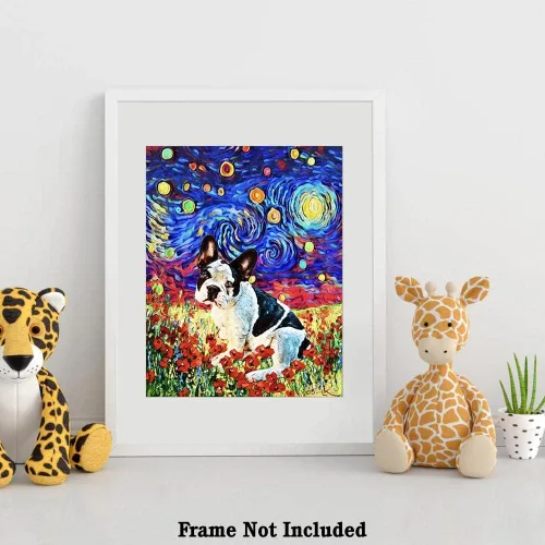 Miniatura 4 de Bestbuddy Pet 8X10 sin marco noche estrellada bulldog francés blanco negro animales amante familia paz amor pintura al óleo impresión arte impresión