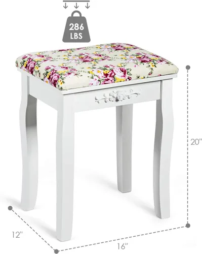 Miniatura 3 de Giantex Taburete de tocador de madera, silla acolchada, asiento de piano de maquillaje, banco de maquillaje con cojín rosa (blanco)