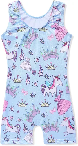 Miniatura 157 de HOZIY - Leotardos de gimnasia con pantalones cortos brillantes para niñas pequeñas; estampados de unicornio, aurora, arco iris, sirena, dinosaurio