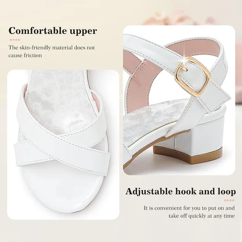 Miniatura 5 de Sandalias para niñas, tacones para niños, puntera abierta, correa al tobillo, zapatos de vestir, flores para boda, fiesta para niños pequeños