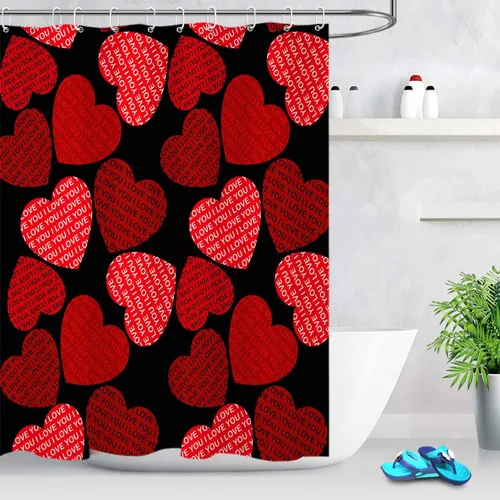 LB Cortina de ducha para el día de San Valentín, corazones rojos sobre fondo negro, decoración romántica de baño con ganchos, 60 x 72 pulgadas,