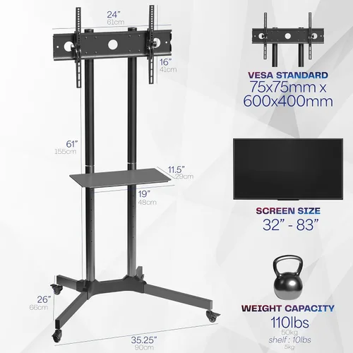 Miniatura 6 de Vivo Carrito móvil para TV para pantallas de 13 a 60 pulgadas hasta 55 libras, LCD LED OLED 4K Paneles planos y curvos inteligentes, soporte rodante