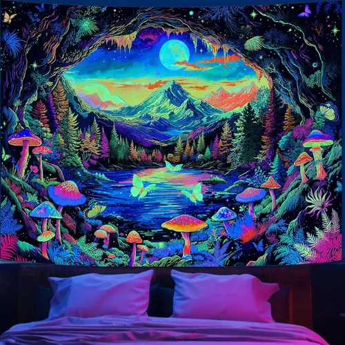 Miniatura 26 de Zussun Tapiz de hongo rojo, tapices de luna y estrella para dormitorio, estética de color beige, noche estrellada, planta verde, tapiz de pared