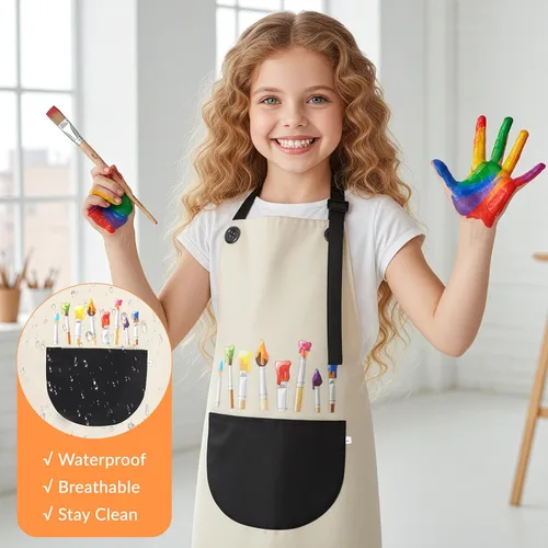 Miniatura 4 de Mabor 2 delantales para cocinar, delantal de pintura impermeable ajustable, delantales de arte con bolsillos para niños y niñas, pintura