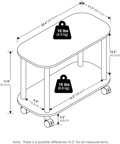 Miniatura 2 de Furinno Turn-N-Tube - Mesa auxiliar ovalada de 2 niveles con ruedas, mesita de noche de montaje sin herramientas, mesa de noche con estante abierto