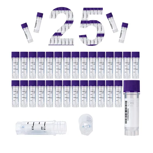 Miniatura 15 de Cryoviales de 0.0 fl oz, 25Pcs Cryotubes con código de barras lateral, frascos de esterilización con rosca externa, tubos de muestra con tapas Azul