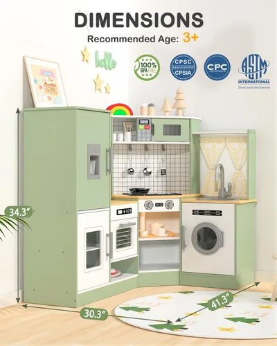 Miniatura 6 de Babytronic Juego de Cocina de Esquina de Madera para Niños con Luces y Sonidos, Juego de Cocina de Simulación con Estufa, Microondas, Máquina