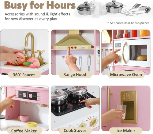 Miniatura 2 de TODEFULL Juego de cocina de madera para niños con sistema de almacenamiento de juguetes, juego de cocina de simulación con campana extractora, Rosa