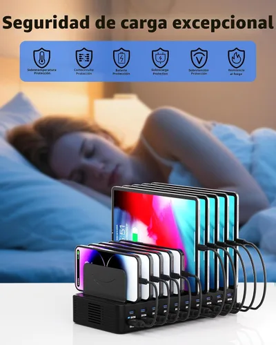 Miniatura 4 de Estación de carga de 270 W para múltiples dispositivos, estación de carga rápida USB de 20 puertos con divisores ajustables y 10 cables, base