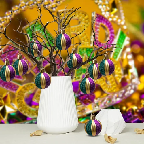 Miniatura 6 de Watayo 24 adornos de bola con purpurina – Bolas colgantes inastillables de 1.6 pulgadas, bolas de árbol moradas, doradas y verdes para fiestas