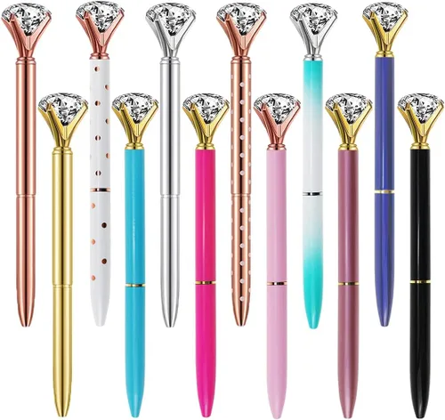 Oddmoal Bolígrafos de diamantes divertidos y elegantes para mujer, bolígrafos de metal brillante, tinta negra, 12 unidades (colores mezclados)