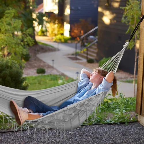 Miniatura 6 de MOSFiATA Hamaca para patio trasero con borlas de un máximo de 500 libras, tela de lona estilo bohemio con cuerda gruesa y bolsa de transporte