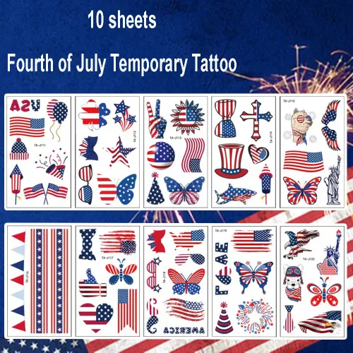 Miniatura 2 de Tatuaje temporal del 4 de julio, 10 hojas de calcomanías impermeables para el Día de la Independencia, bandera estadounidense, sombrero de águilas