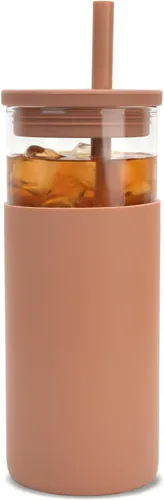 Miniatura 12 de Tronco Vaso de vidrio de 20 onzas con tapas y pajitas, vasos reutilizables para batidos con tapa de silicona, taza de café helado con funda