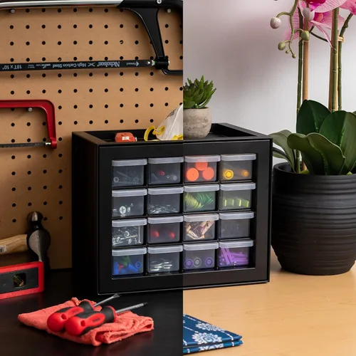Miniatura 6 de IRIS USA Organizador de Cajones Pequeños de Plástico, 16 Cajones, Caja de Herramientas Apilable para Maestros, Organizador de Lápices, Partes Negro