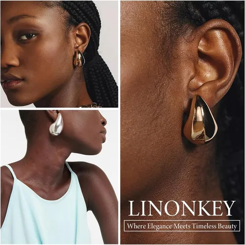 Miniatura 5 de LINONKEY Juego de 3 pares de aretes de oro con forma de lágrima para mujer, grandes, medianos, pequeños, gruesos, hipoalergénicos, chapados en oro