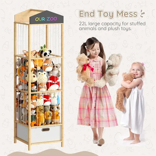 Miniatura 8 de HOOBRO Almacenamiento de animales de peluche, organizador de animales de peluche de bambú con cajón de tela y pizarra de bricolaje, organizador