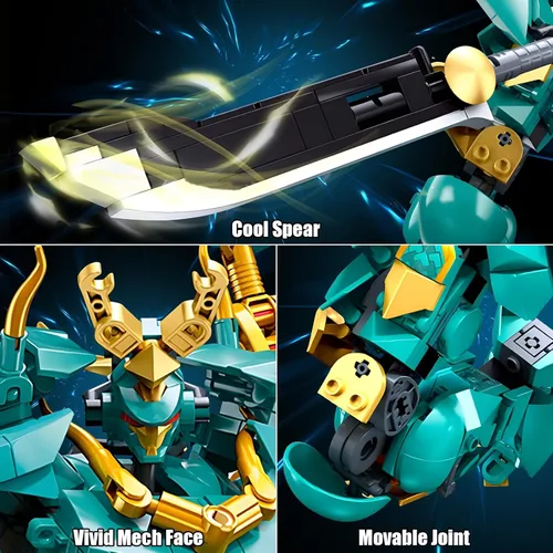 Miniatura 3 de HIGH GODO Mech Robot - Juego de bloques de construcción para adultos, kit de modelo guerrero dragón verde fresco con juego de juguete de lanza