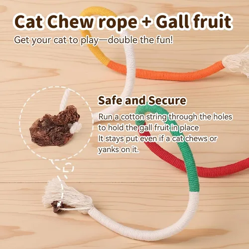 Miniatura 5 de Juguetes para gatos de interior, cuerdas para masticar 3 piezas y palo de vid plateada, 1 pieza con fruta de la agalla, hierba gatera recargable