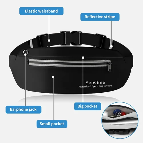 Miniatura 5 de SooGree Riñonera para correr para hombres y mujeres, ligera, impermeable, bolsa para correr, bolsa de almacenamiento reflectante nocturna para Negro