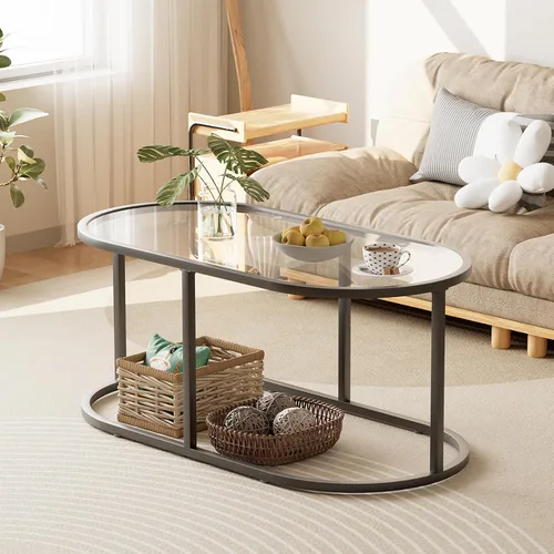 Miniatura 5 de Mesa de café Wolawu Mesas de café de vidrio negro para sala de estar, mesa de centro ovalada con marco de metal resistente, mesas de acento modernas