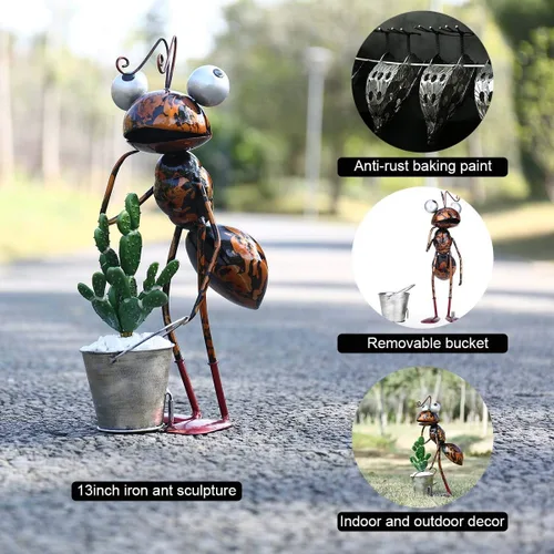 Miniatura 4 de Tooarts Escultura de Hormiga de Metal para Decoración de Jardín en Patio, Césped, Hogar, Estatua para Interior y Exterior con Cubo Desmontable