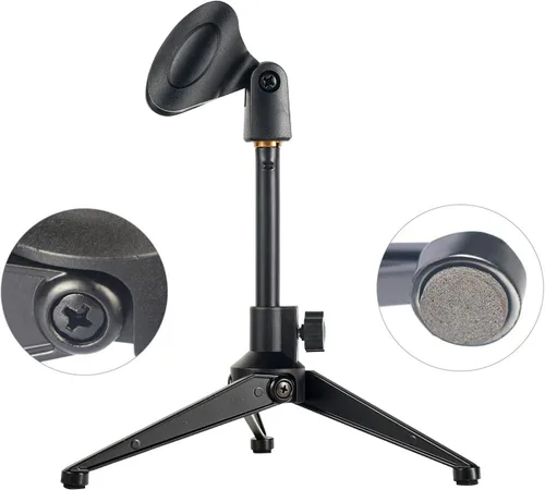 Miniatura 5 de Paquete de 2 soportes universales ajustables para micrófono de escritorio, trípode plegable portátil, soporte de mesa con clip de micrófono