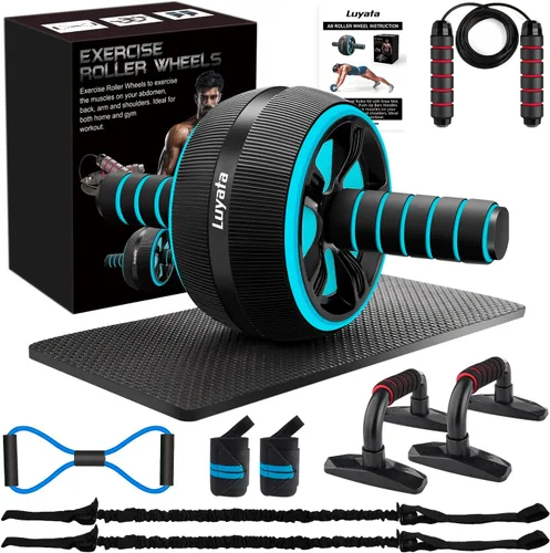 Rueda para abdominales, kit de ruedas de ejercicio abdominal 10 en 1 con bandas de resistencia, alfombrilla para rodillas, cuerda de saltar, barra