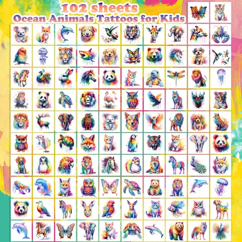 Miniatura 2 de 102 PCS Tatuajes temporales de animales de acuarela envueltos individualmente para niños - Tatuajes temporales de animales lindos para niñas y niños