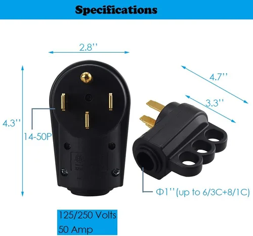 Miniatura 4 de Veepeak 50 Amp Enchufe macho de reemplazo para RV NEMA 14-50P de servicio pesado 125V/250V de 4 clavijas con conector de extensión de energía