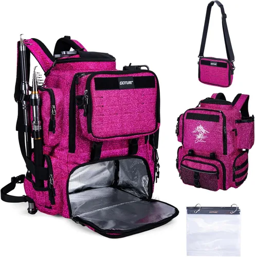 Miniatura 13 de Mochila de pesca Goture, mochila de equipo de pesca resistente al agua de 900D con soportes para cañas, bolsa de equipo de pesca de gran Rosa