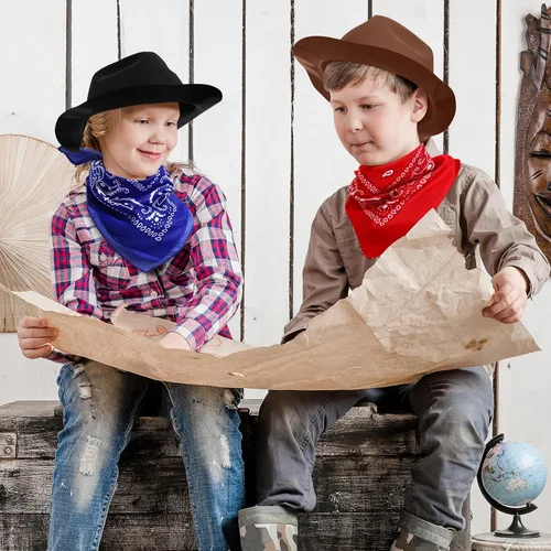 Miniatura 5 de Hillban 72 piezas de sombrero de vaquero occidental y set de bandana de paisley para niños, sombreros de fiesta de vaquero de fieltro para marrón