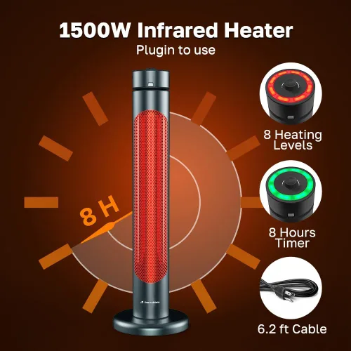 Miniatura 2 de ThermoMate Calentador eléctrico para patio, calentador infrarrojo IP65 de 1500 W para exteriores/interiores con control remoto, 8 niveles