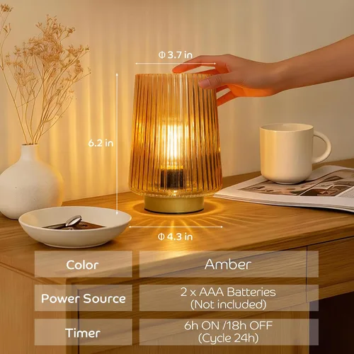 Miniatura 4 de Lámpara a pilas con temporizador, juego de 2 pequeñas y acogedoras lámparas de mesa decorativas de vidrio ambiental para mesita de noche y Ámbar