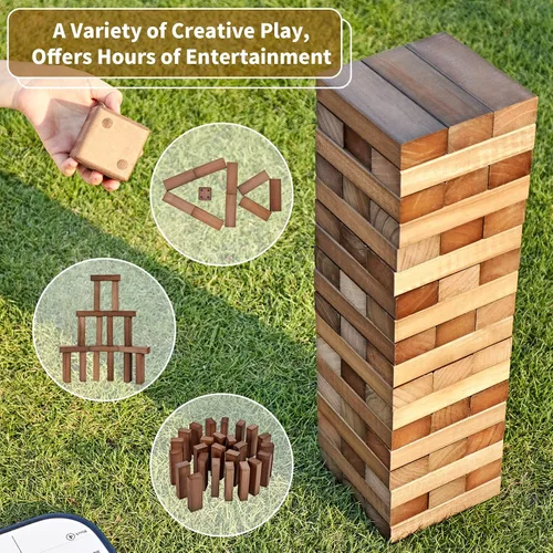 Miniatura 5 de ApudArmis Torre Gigante Tumble (Se apila desde 2 pies hasta más de 4.2 pies), 54 PIEZAS Juego de Madera de Pino Apilable Timber con 1 Juego de Dados