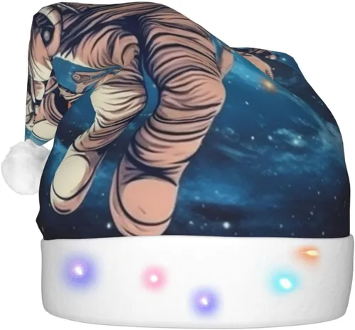 Miniatura 3 de Astronauta Planet Print Christmas Hat With Led Lights Novelty Plush Santa Hat Xmas Holiday Hat For Adults Holiday Party Gifts