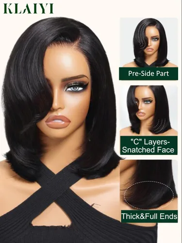 Miniatura 4 de KLAIYI Peluca de cabello humano con encaje frontal precortada 7x5, corte Bob en capas, corte romo, cordón sin pegamento, peluca predepilada