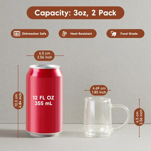 Miniatura 2 de Juego de 2 Tazas de Café Espresso de Vidrio, Tazas de Espresso de 3 oz Transparentes con Asa, Mini Tazas de Café, Vasos de Café, Tazas de Demitasse