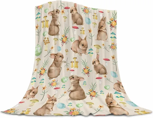Miniatura 14 de Manta de conejo de Pascua súper suave de franela con elemento de Pascua, linda cola de conejo, huevos coloridos, árbol verde azulado, manta cálida