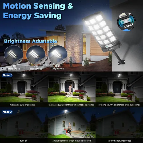 Miniatura 4 de LANGY Farolas solares impermeables para exteriores, sensor de movimiento de 6500 K del atardecer al amanecer con control remoto, luz LED
