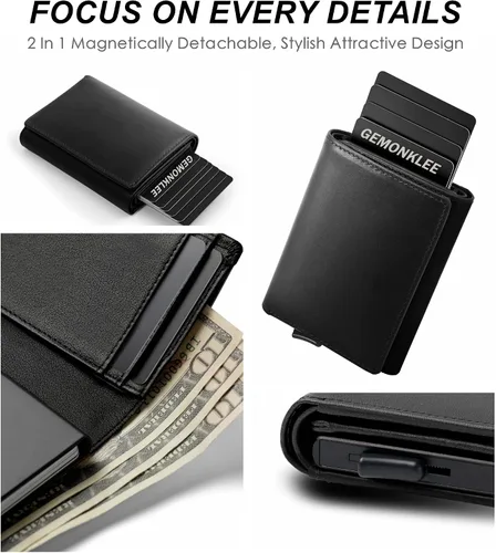 Miniatura 8 de Gemonklee Cartera emergente, tarjetero magnéticamente desmontable, cartera pequeña para hombre, cartera RFID con clip para dinero, cartera