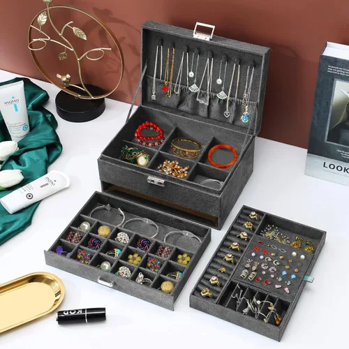 Miniatura 4 de Joyeros para mujer, organizador de joyas de terciopelo gris con cerradura, organizadores de joyas para adolescentes, organizador de joyas