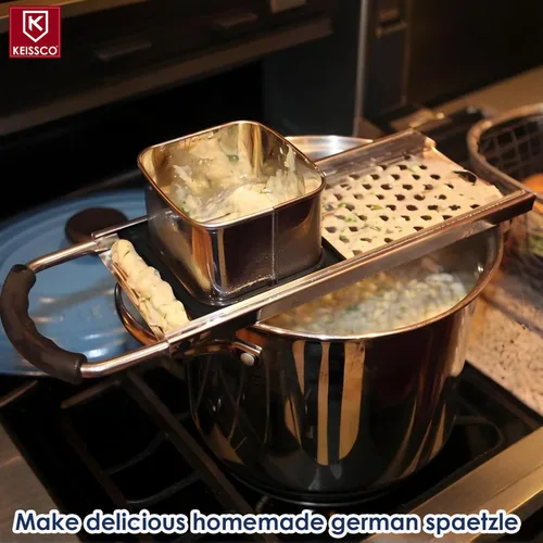Miniatura 2 de Spaetzle Maker de acero inoxidable de alta calidad con mango de agarre cómodo, cuchara de colador de araña de acero inoxidable con cepillo