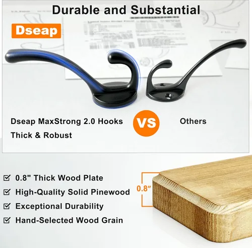 Miniatura 2 de Dseap Perchero de Pared: Moderno, Patentado, Resistente, 17.4" de Largo, Riel Colgador de Madera con 5 Ganchos Dobles para Abrigos de Invierno, Negro