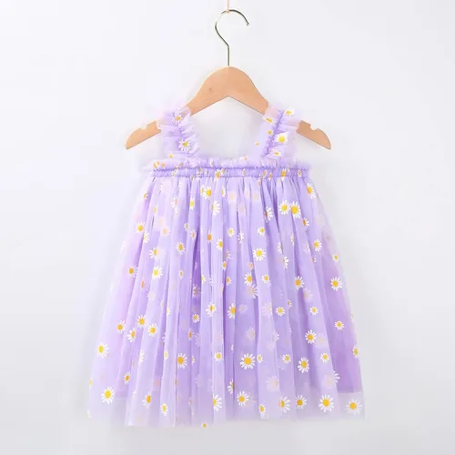 Miniatura 2 de Vestidos casuales de cumpleaños para niñas, vestidos de fiesta floral, margarita, sin mangas, 1-6 años, tul para playa (morado, 5-6 años)