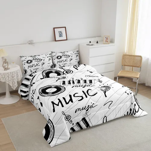 Miniatura 2 de Juego de edredón con temática musical, edredón de notas musicales en blanco y negro para niños y niñas, juego de ropa de cama musical