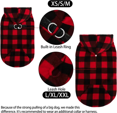 Miniatura 4 de EXPAWLORER - Sudadera de forro polar con capucha para perros, chaleco de suéter a cuadros para mascotas, ropa de otoño e invierno con anillo