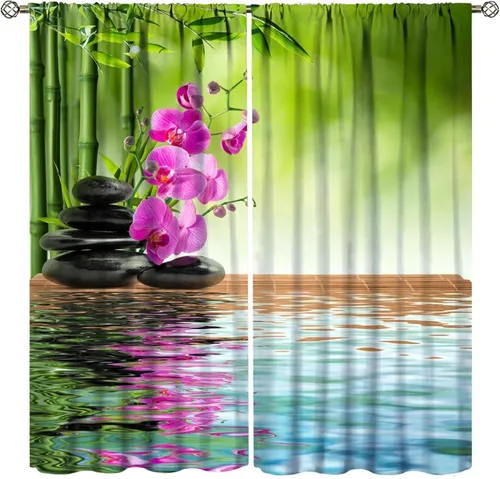Miniatura 10 de Cortinas con estampado de bambú verde natural, plantas asiáticas, japonesas, tallos rústicos, hojas, cortina de selva con bolsillo para cortinero