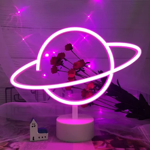 Miniatura 8 de ENUOLI Letreros de luz de neón de planeta rosa, luces de noche LED con pedestal, decoración de habitación, batería/operación USB, letreros de neón