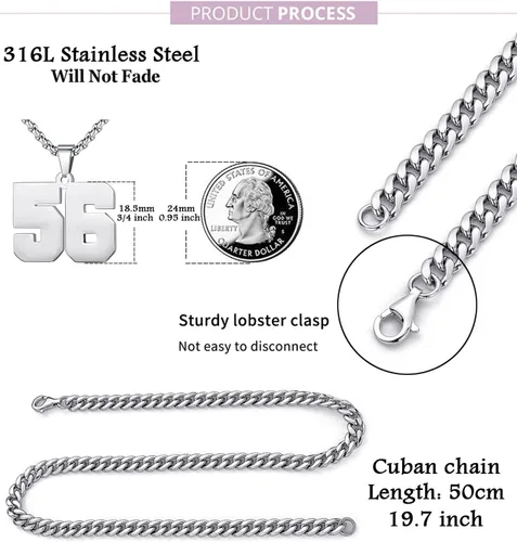 Miniatura 2 de Collares personalizados con números de jersey para niños y hombres, atletas de acero inoxidable, cadena de números deportivos, béisbol, baloncesto